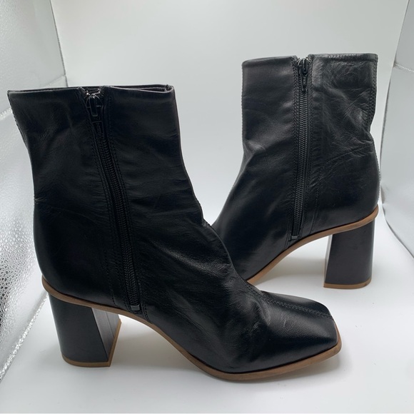 Free People Sienna Ankle Boot black leather heel square toe size 37 6-6.5 1516 - Picture 7 of 10